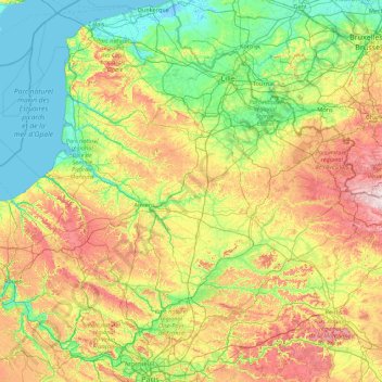 Mapa topográfico Norte-Passo-de-Calais e Picardia, altitude, relevo