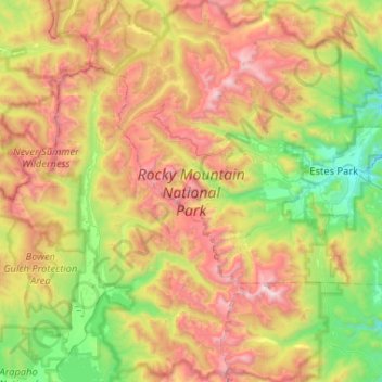 Mapa topográfico Rocky Mountain National Park, altitude, relevo