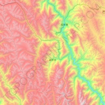 Mapa topográfico 曲登乡, altitude, relevo