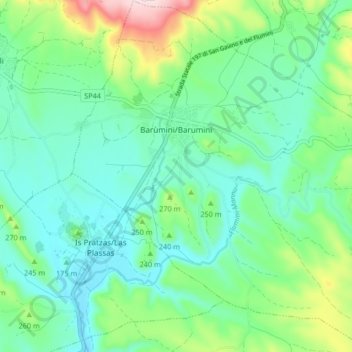 Mapa topográfico Barumini, altitude, relevo