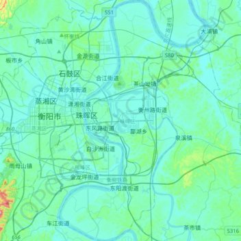 Mapa topográfico 珠晖区, altitude, relevo