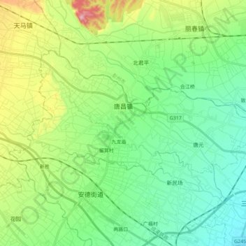 Mapa topográfico 唐昌镇, altitude, relevo