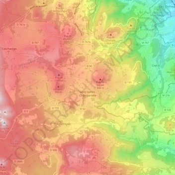 Mapa topográfico Saint-Genès-Champanelle, altitude, relevo