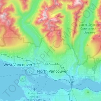 Mapa topográfico District of North Vancouver, altitude, relevo