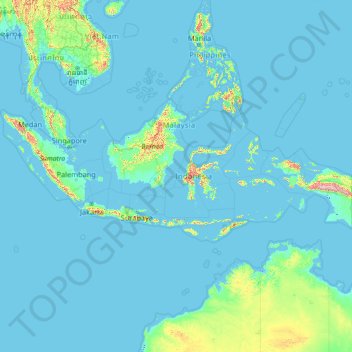 Mapa topográfico Indonésia, altitude, relevo