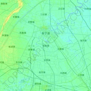 Mapa topográfico 阜宁县, altitude, relevo