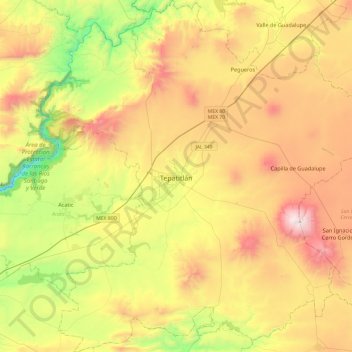 Mapa topográfico Tepatitlán de Morelos, altitude, relevo
