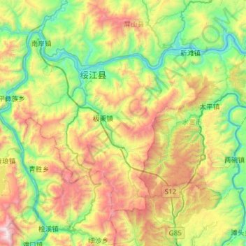 Mapa topográfico 绥江县, altitude, relevo