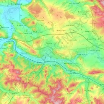 Mapa topográfico Eisenach, altitude, relevo