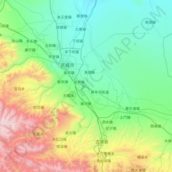 Mapa topográfico 凉州区, altitude, relevo