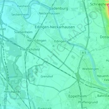 Mapa topográfico Edingen-Neckarhausen, altitude, relevo