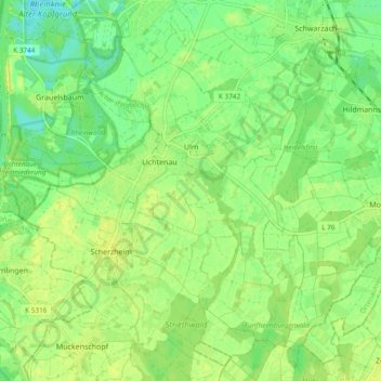 Mapa topográfico Ulm, altitude, relevo