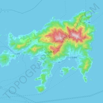 Mapa topográfico 小豆島, altitude, relevo