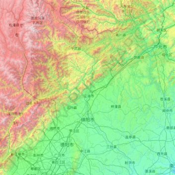 Mapa topográfico Mianyang, altitude, relevo