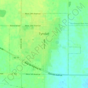 Mapa topográfico Tyndall, altitude, relevo