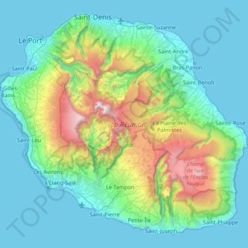 Mapa topográfico Réunion, altitude, relevo