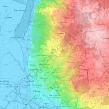 Mapa topográfico Elbing, altitude, relevo
