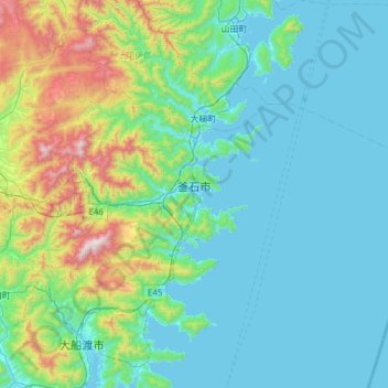 Mapa topográfico Kamaishi, altitude, relevo