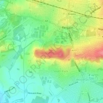 Mapa Topográfico Reigate Park, Altitude, Relevo