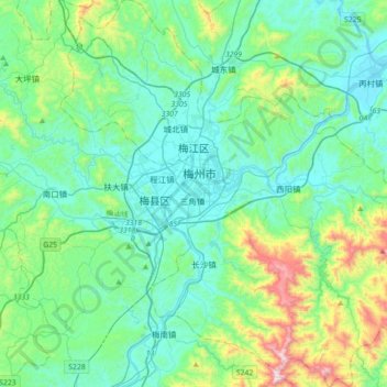 Mapa topográfico 梅江区, altitude, relevo