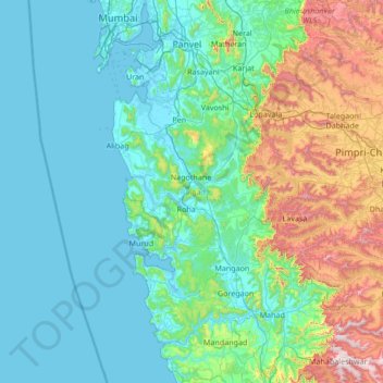 Mapa topográfico Raigad, altitude, relevo