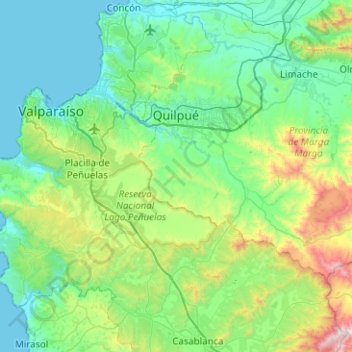 Mapa topográfico Quilpué, altitude, relevo
