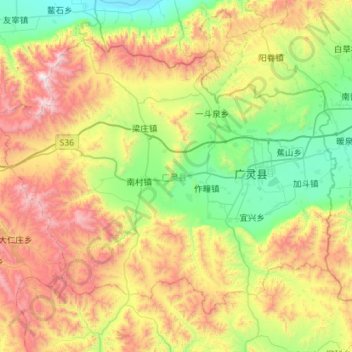 Mapa topográfico 广灵县, altitude, relevo