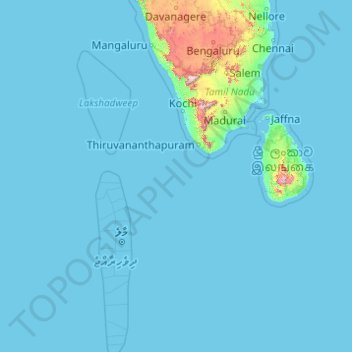 Mapa topográfico Mar das Laquedivas, altitude, relevo