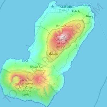 Mapa topográfico Bioko, altitude, relevo