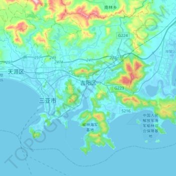Mapa topográfico 吉阳区, altitude, relevo