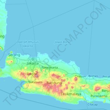 Mapa topográfico Java occidental, altitude, relevo