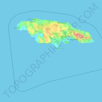 Mapa topográfico Jamaica, altitude, relevo