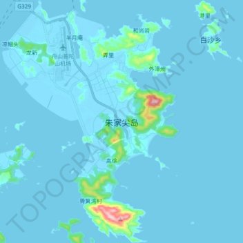 Mapa topográfico 朱家尖岛, altitude, relevo