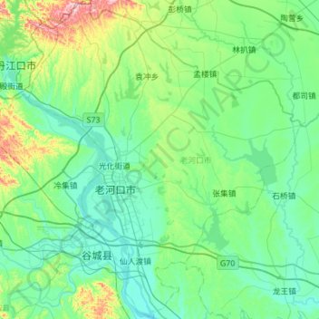 Mapa topográfico 老河口市, altitude, relevo