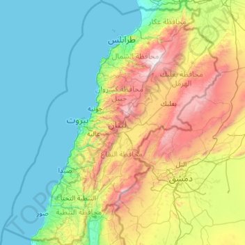Mapa topográfico Líbano, altitude, relevo