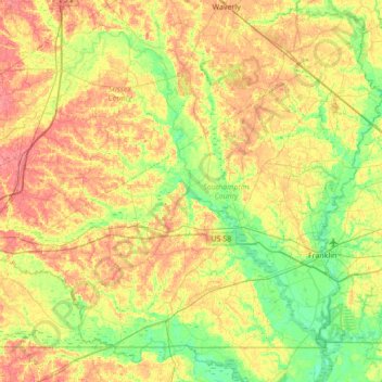 Mapa topográfico Southampton County, altitude, relevo