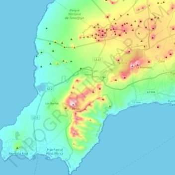 Mapa topográfico Yaiza, altitude, relevo