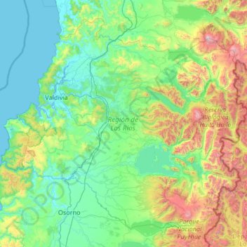 Mapa topográfico Região de Los Rios, altitude, relevo