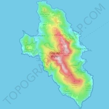 Mapa topográfico Isola del Giglio, altitude, relevo