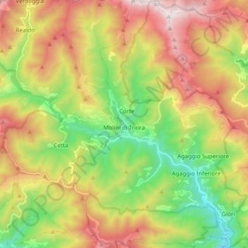 Mapa topográfico Molini di Triora, altitude, relevo
