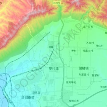 Mapa topográfico 樊村镇, altitude, relevo