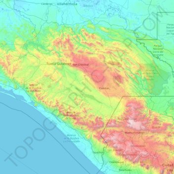 Mapa topográfico Chiapas, altitude, relevo
