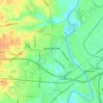 Mapa topográfico West Monroe, altitude, relevo