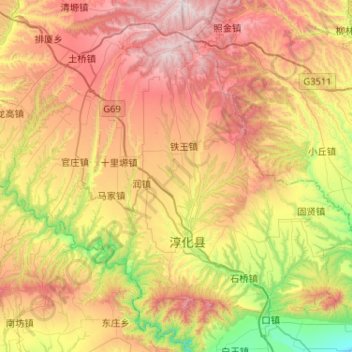 Mapa topográfico 淳化县, altitude, relevo