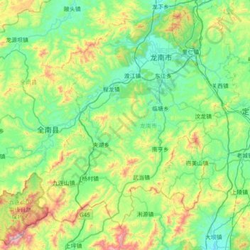 Mapa topográfico 龙南市, altitude, relevo