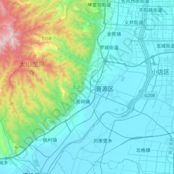 Mapa topográfico 晋源区, altitude, relevo