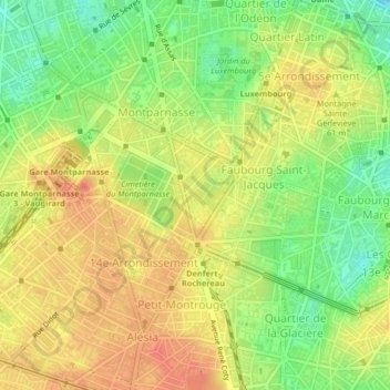 Mapa topográfico Quartier du Montparnasse, altitude, relevo