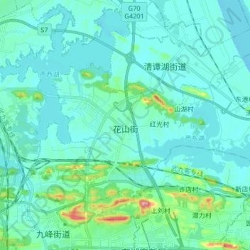 Mapa topográfico 花山街道, altitude, relevo