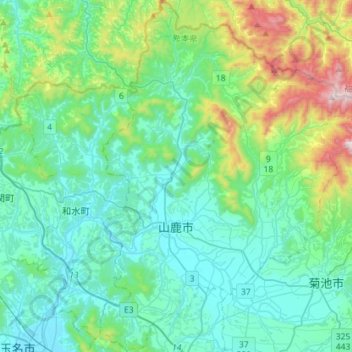 Mapa topográfico 山鹿市, altitude, relevo