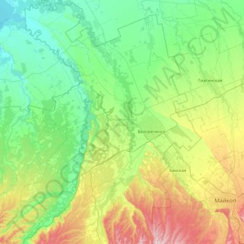 Mapa topográfico Белореченский район, altitude, relevo